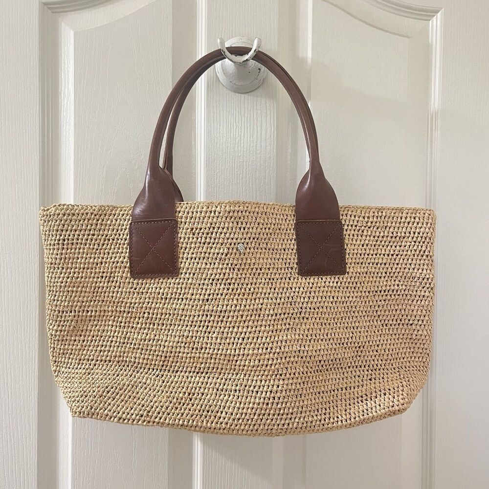 Helen Kaminski Leather Trim Raffia Tote Bag Natural Large Shoulder Bag